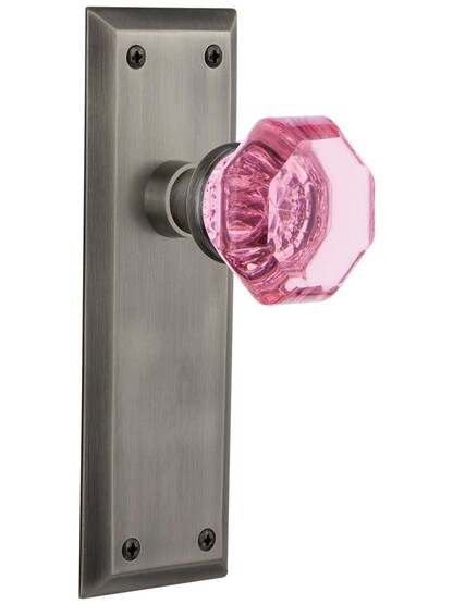 New York Door Set with Colored Waldorf Crystal Glass Knobs Pink in Antique Pewter.